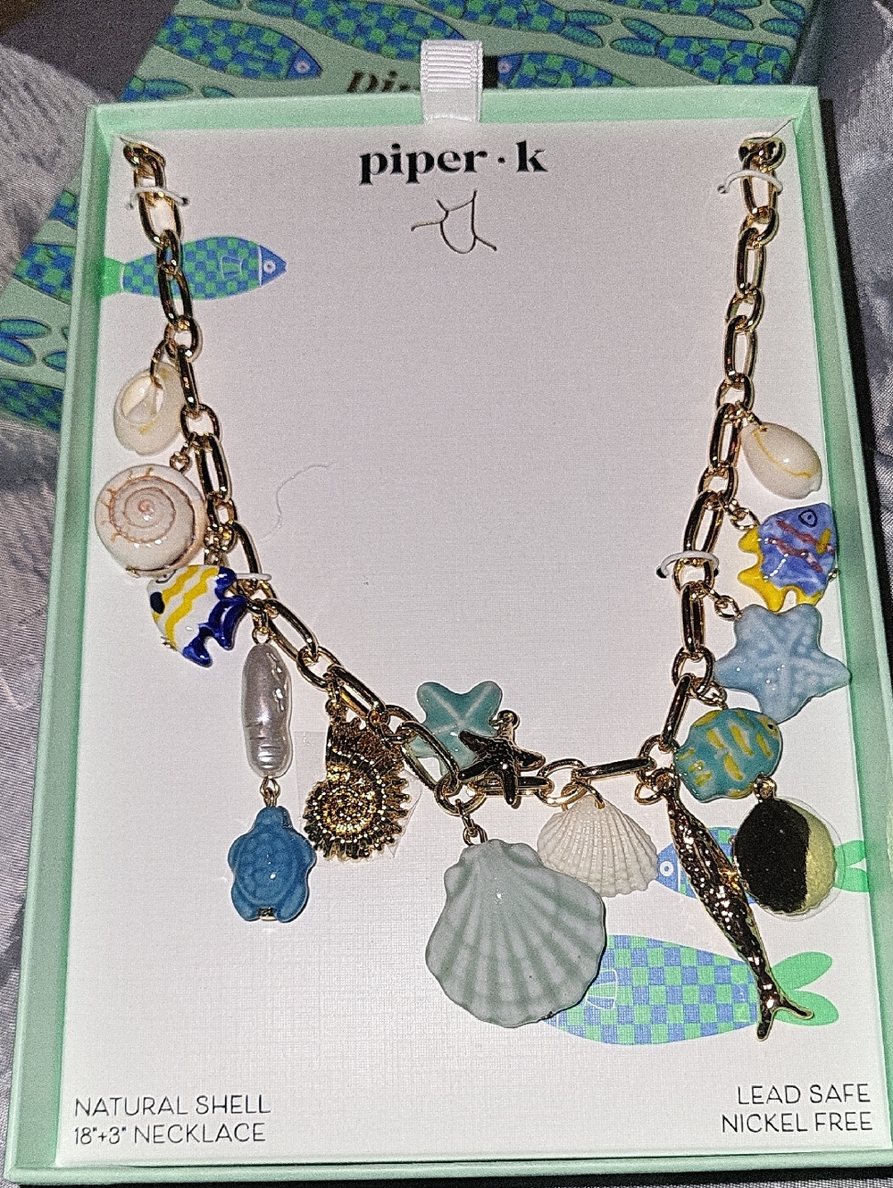 PIPER K Gold Chain Necklace with Multicolor Shell & Sea Charms COSTAL HA HL